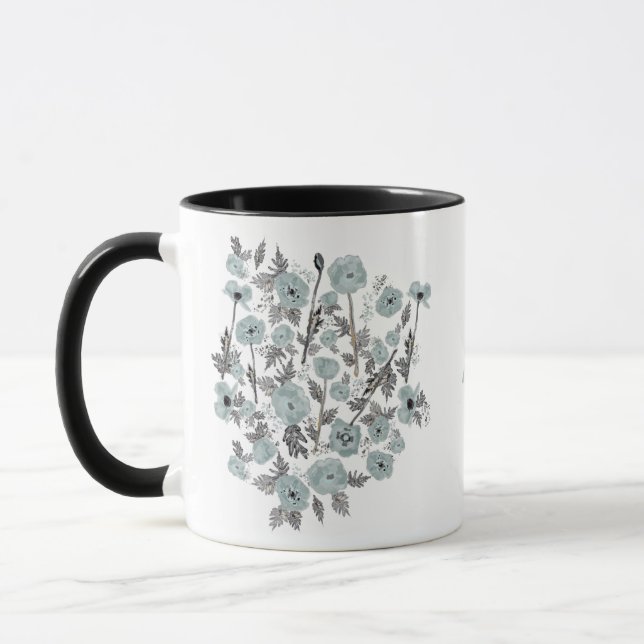 Poppies Gray Blue Watercolor Flowers With Name Mug (Left)