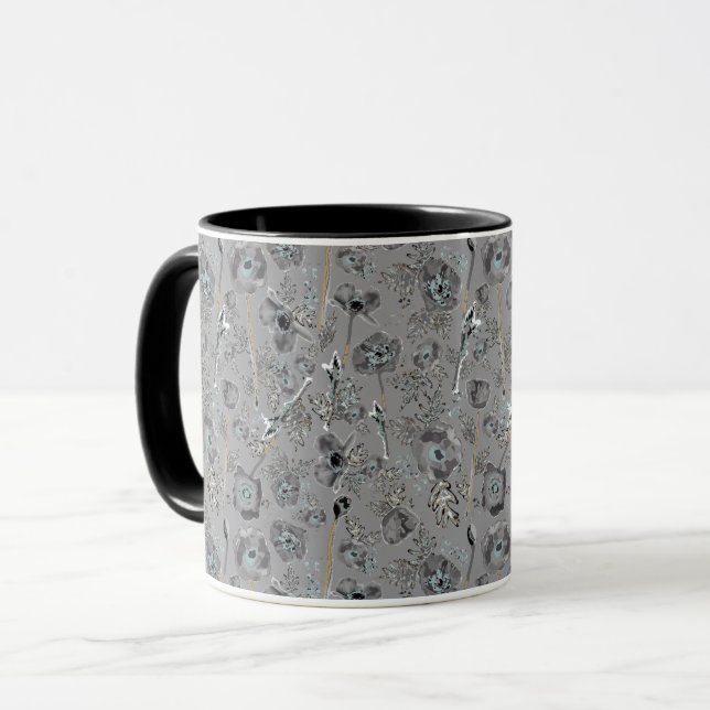 Poppies Gray Light Blue Watercolor Floral Mug (Front Left)