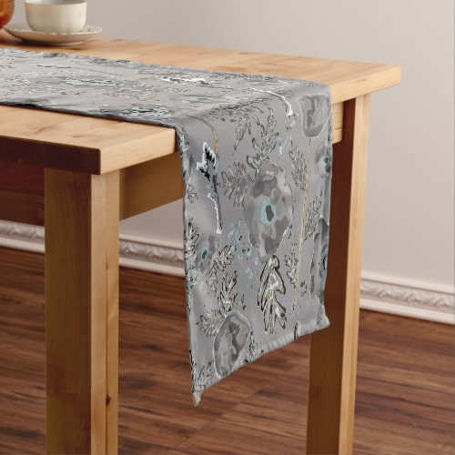 Poppies Gray Light Blue Watercolor Floral Pattern  Short Table Runner