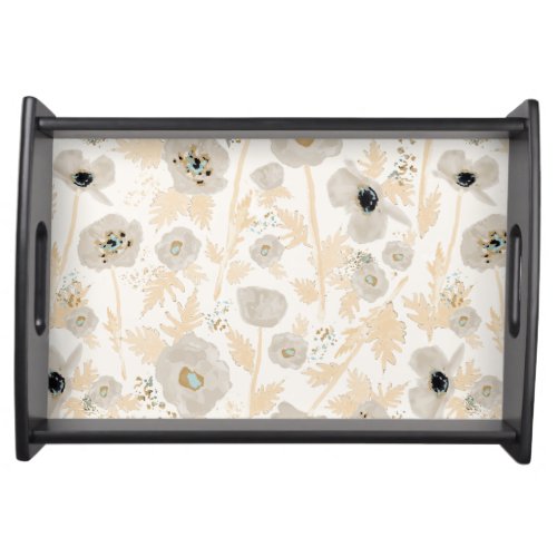Poppies Gray Yellow  Blue Watercolor Floral Print Serving Tray