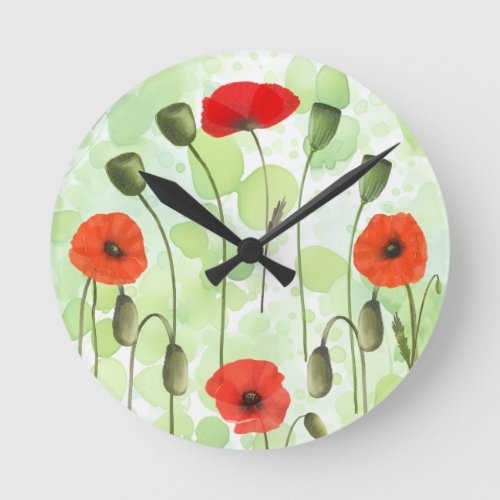 Poppies  greenery round wall clock