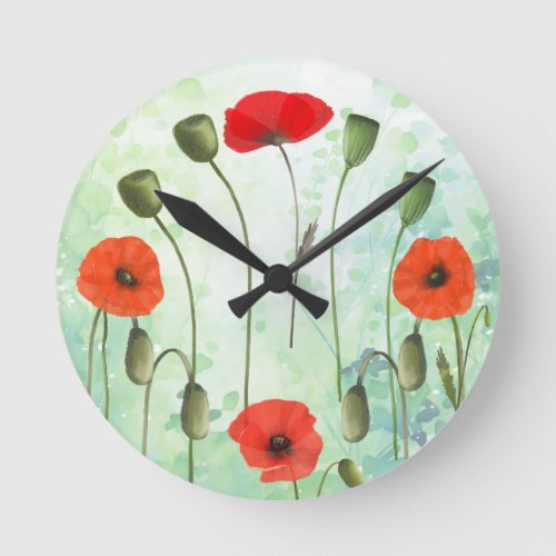 Poppies  greenery round wall clock