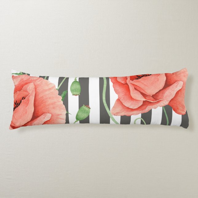 Poppies Grey Stripes Body Pillow (Front)
