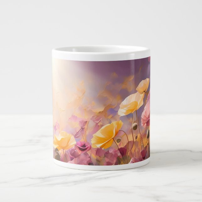 Poppies growing in a field - Watercolour Pastels Giant Coffee Mug (Front)