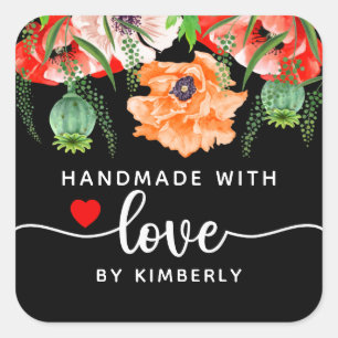 Poppies Handmade with Love Black Square Sticker