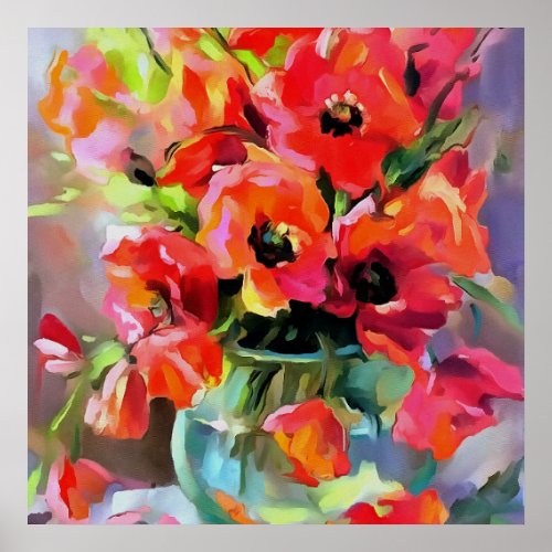 Poppies In A Glass Vase Poster