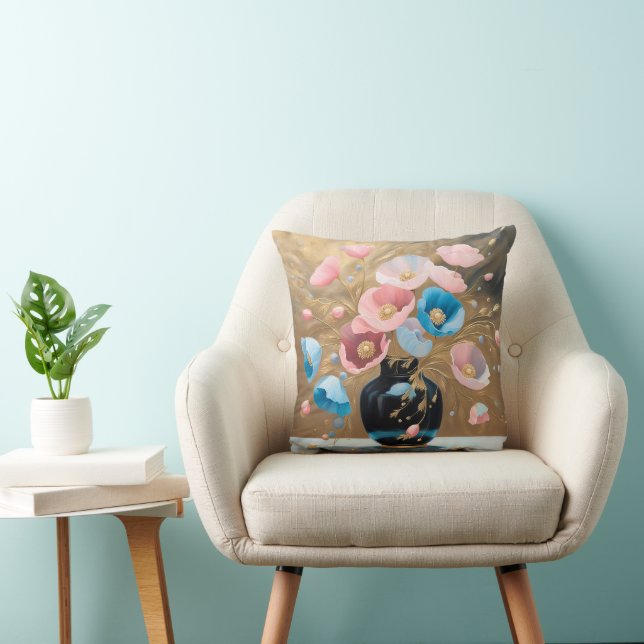 Poppies In Black Vase Throw Pillow (Chair)