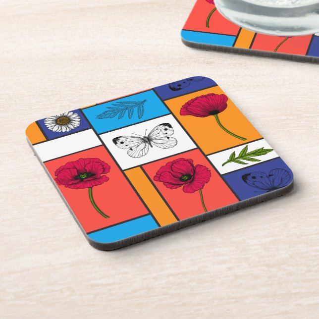 Poppies in colorful boxes beverage coaster (Left Side)