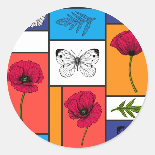 Poppies in colorful boxes classic round sticker (Front)