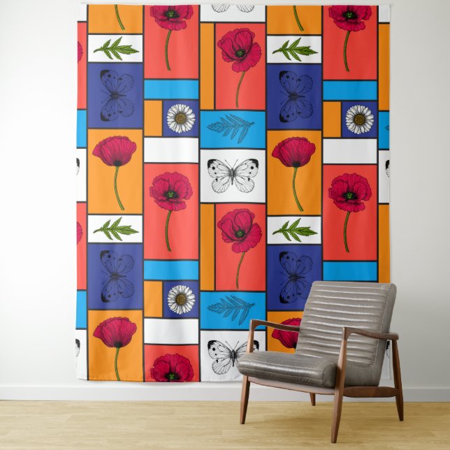 Poppies in colorful boxes tapestry (In Situ)