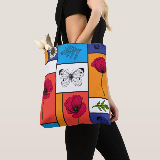 Poppies in colorful boxes tote bag (Close Up)