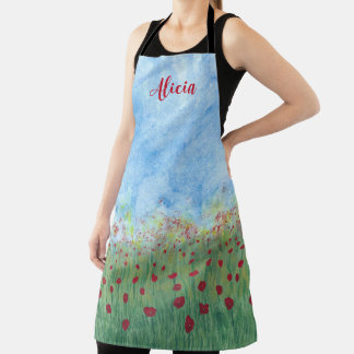 Poppies in Field Blue Sky Personalized Apron