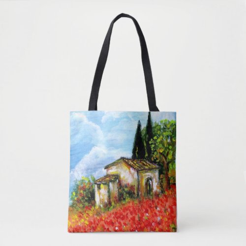 POPPIES IN TUSCANY LANDSCAPE Red Flower Fields Tote Bag
