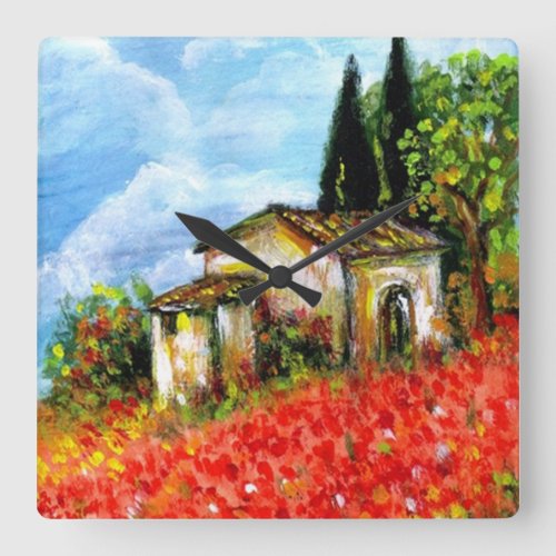 POPPIES IN TUSCANY SQUARE WALL CLOCK