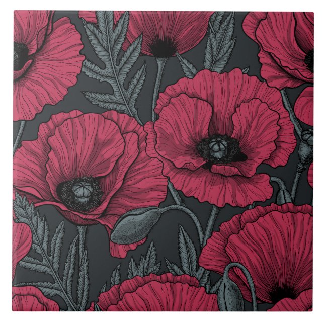Poppies in Viva Magenta  Ceramic Tile (Front)