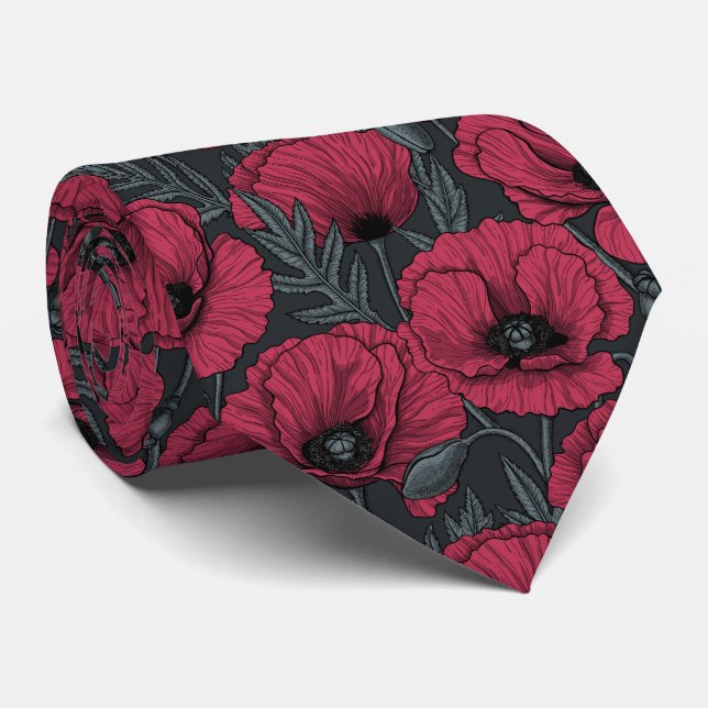 Poppies in Viva Magenta  Neck Tie (Rolled)