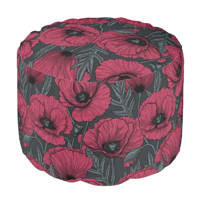 Poppies in Viva Magenta  Pouf (Angled Front)