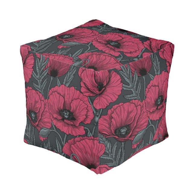 Poppies in Viva Magenta  Pouf (Angled Front)