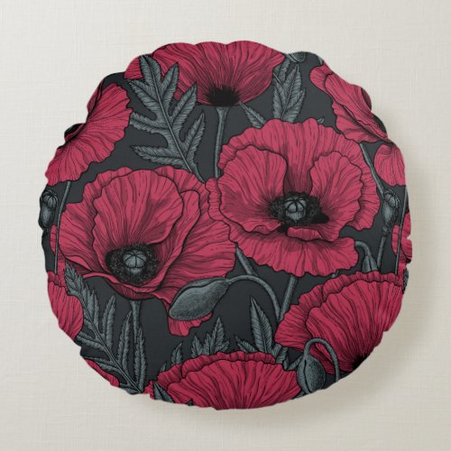 Poppies in Viva Magenta  Round Pillow