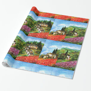 POPPIES, IRISES, ANTIQUE RUSTIC VILLAGE IN TUSCANY WRAPPING PAPER