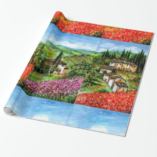 POPPIES, IRISES, ANTIQUE RUSTIC VILLAGE IN TUSCANY WRAPPING PAPER