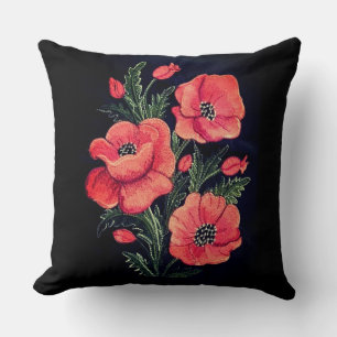 Poppies Machine Embroidery Design Throw Pillow 