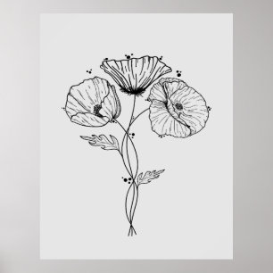 Poppies Minimalist Art Line Drawing Poster