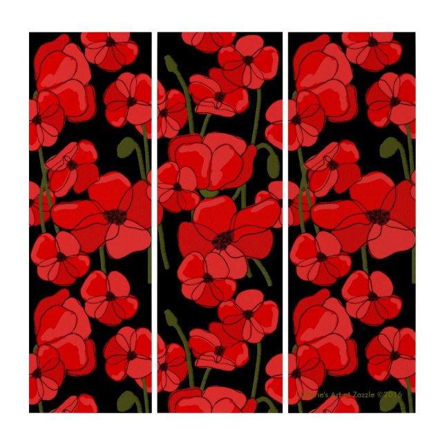 Poppies, on Black AcryliPrint®HD Triptych Wall Art (Front)