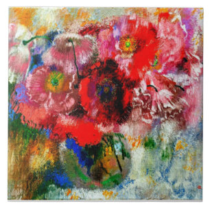 Poppies on Gray Background, Floral painting Ceramic Tile