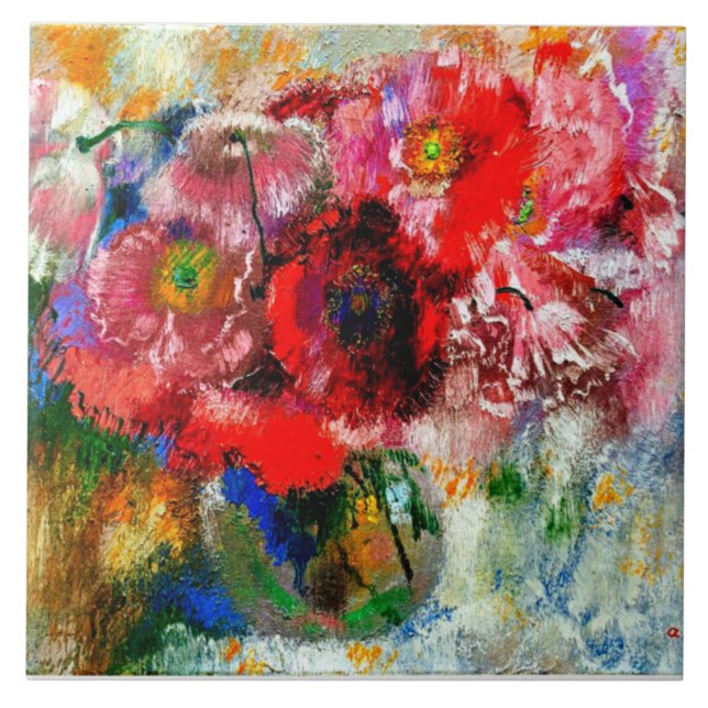 Poppies on Gray Background, Floral painting Ceramic Tile (Front)