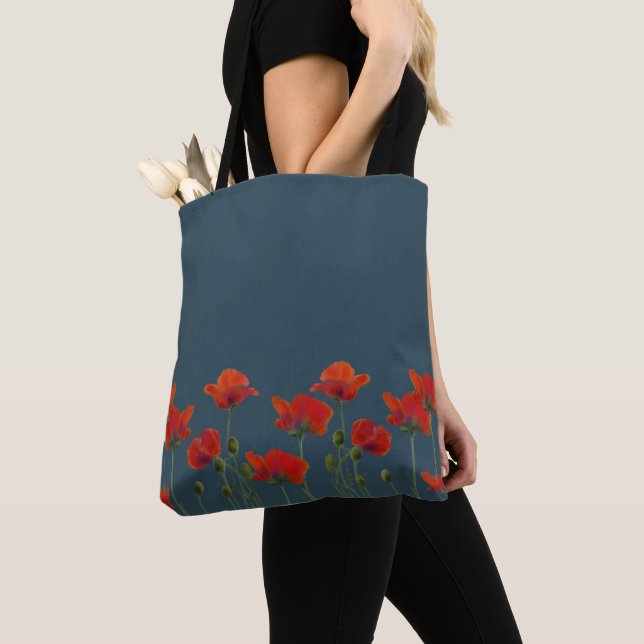Poppies on Teal Tote Bag (Close Up)