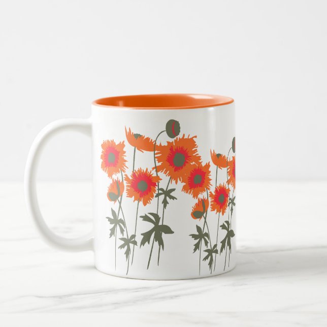 Poppies orange and green graphic art floral mug (Left)