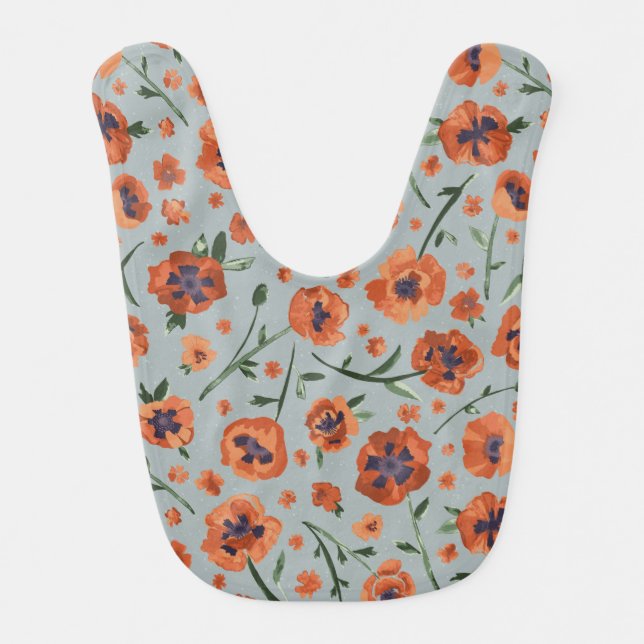 Poppies Orange Floral Pattern Baby Bib (Front)