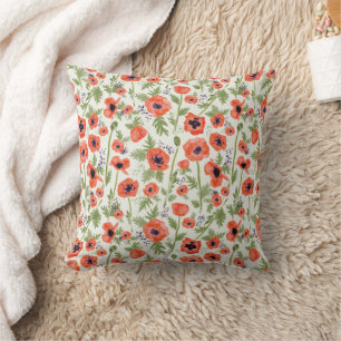 Poppies Orange Green Floral Pattern Throw Pillow