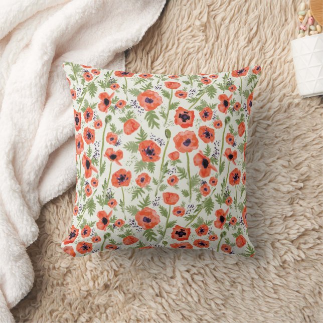 Poppies Orange Green Floral Pattern Throw Pillow (Blanket)