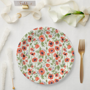 Poppies Orange Watercolor Floral Pattern Paper Plates