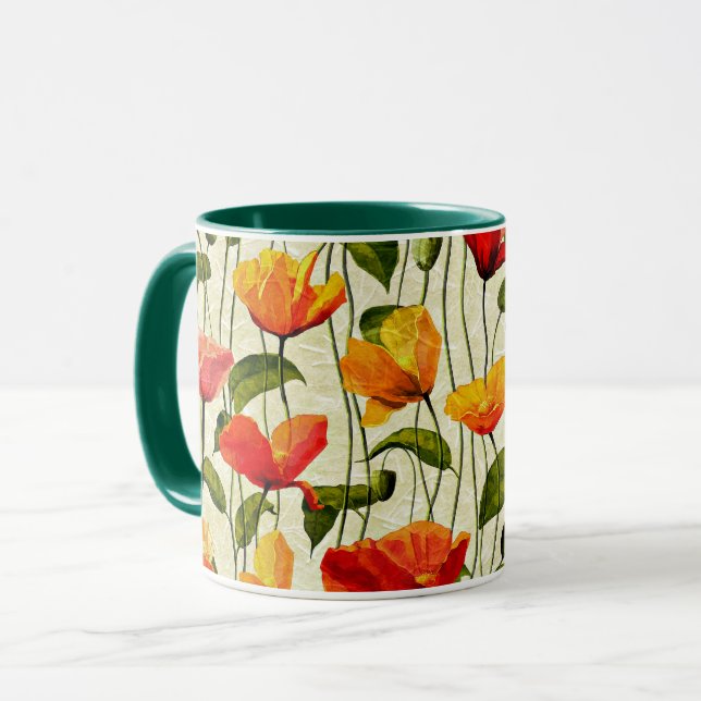 Poppies pattern, red and yellow,  mug (Front Left)