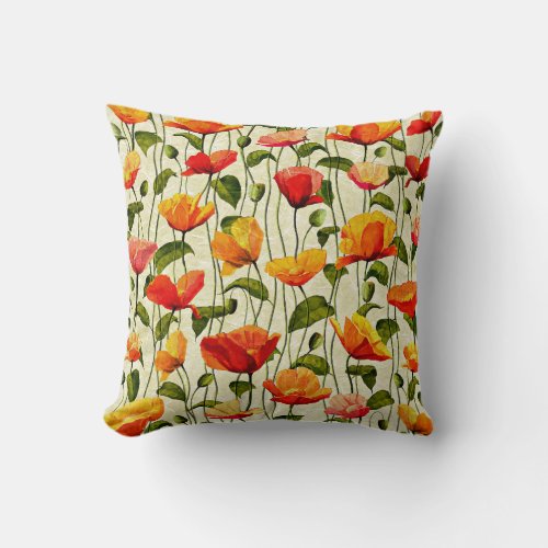 Poppies pattern red and yellow throw pillow