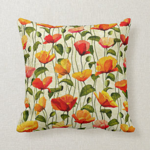 Poppies pattern, red and yellow, throw pillow