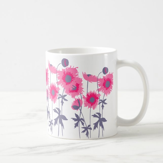 Poppies pink and grey graphic art floral mug (Right)