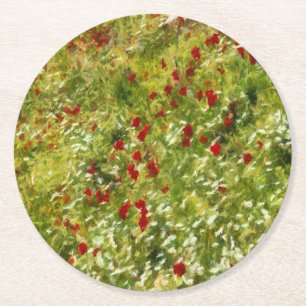 Poppies Pointillism Style Abstract Art Round Paper Coaster