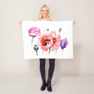 Poppies Poppy Field Flowers, Floral Watercolor Art Fleece Blanket