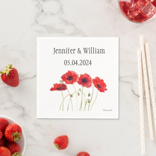 Poppies Poppy flower watercolor Red Rustic Wedding Napkins