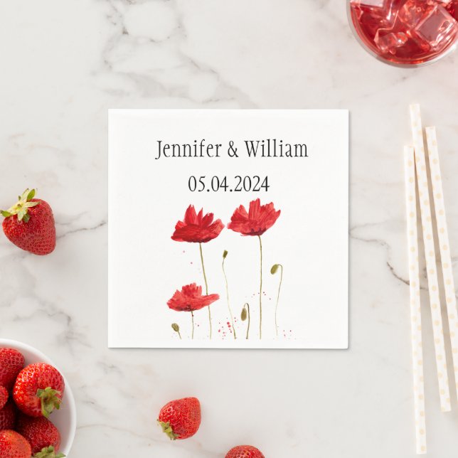Poppies Poppy flower watercolor Red Rustic Wedding Napkins (Insitu)