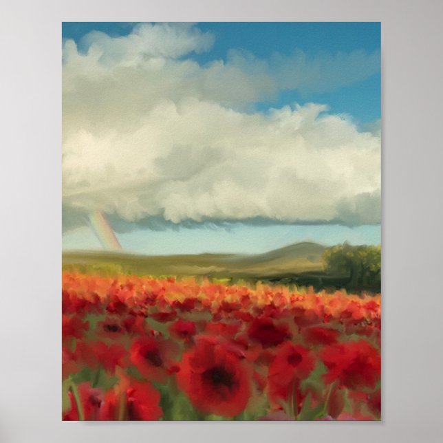 Poppies, rainbow and puffy clouds poster (Front)