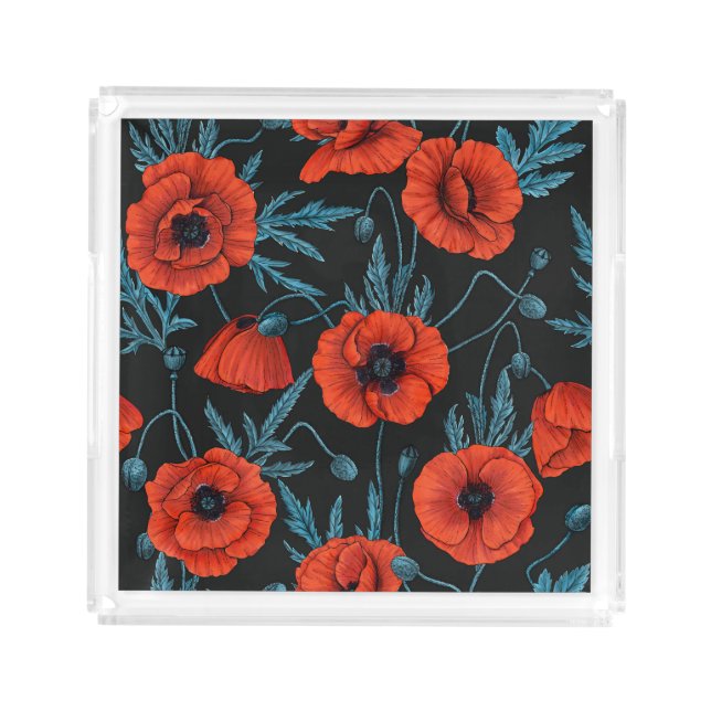 Poppies, red and blue on black acrylic tray (Front)