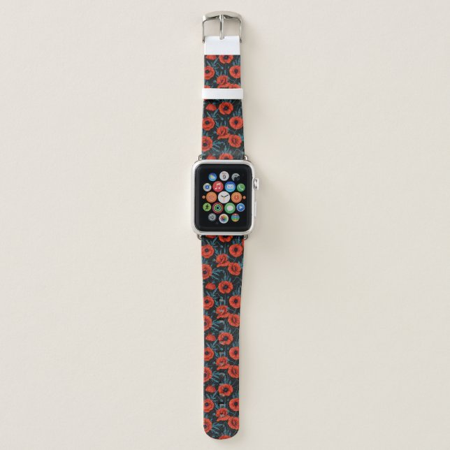 Poppies, red and blue on black apple watch band (Front)