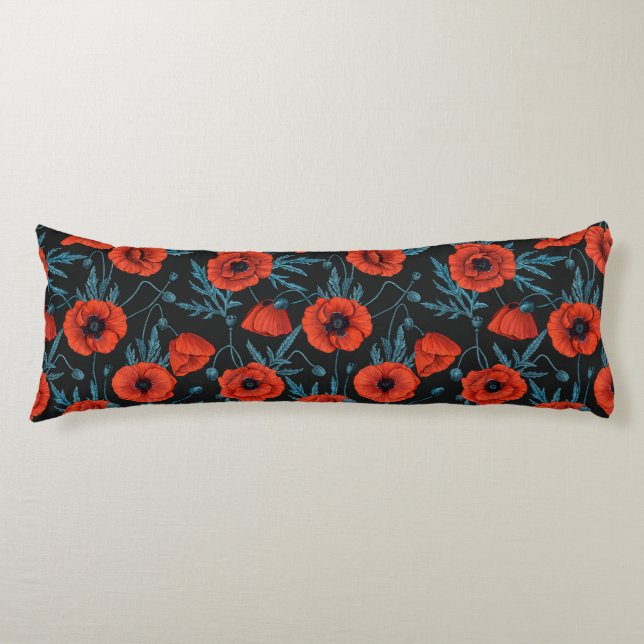 Poppies, red and blue on black body pillow (Front)