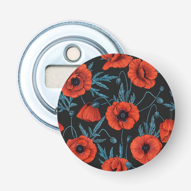 Poppies, red and blue on black bottle opener (Front)