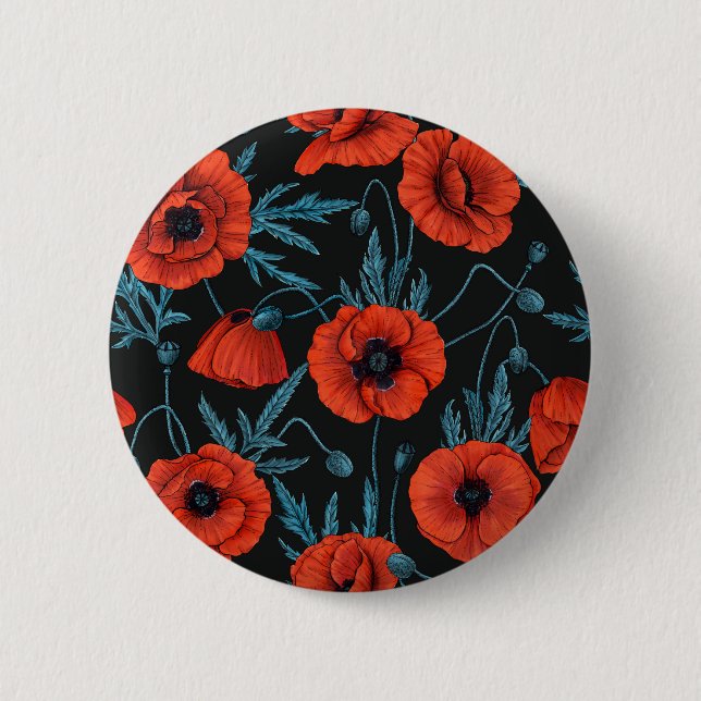 Poppies, red and blue on black button (Front)